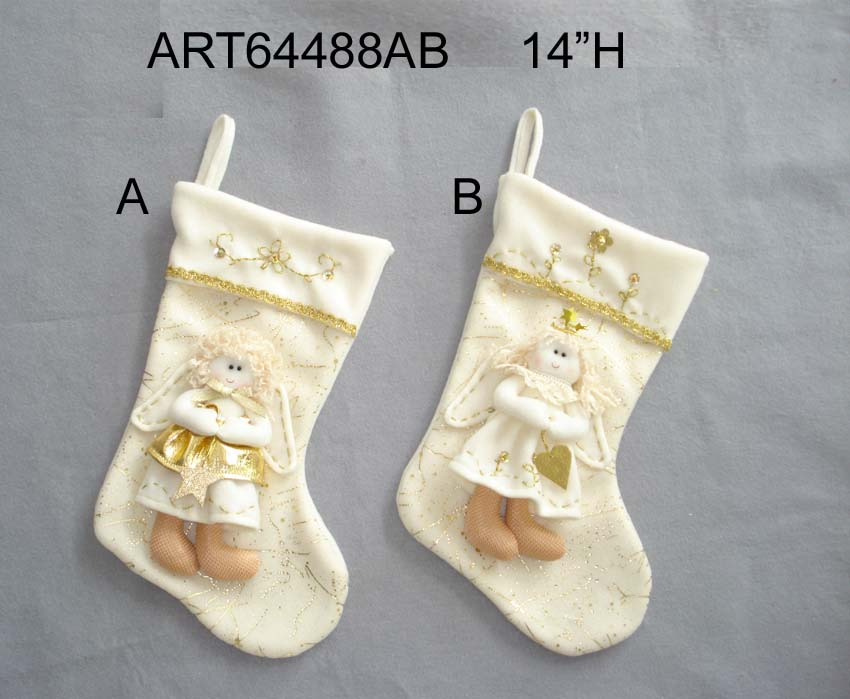 14in Angel Stocking W/Hand Embroidery Curf-2asst